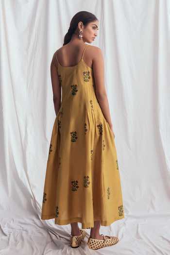 Shop_Jodi_Yellow Cotton Square Neck Nimbu Floral Print Dress _at_Aza_Fashions