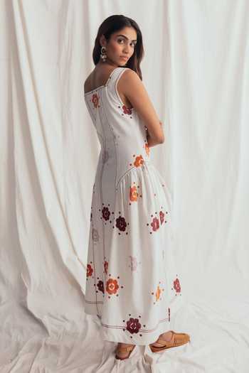 Shop_Jodi_White Cotton, Poplin Square Neck Thandai Day Floral Pattern Dress _at_Aza_Fashions