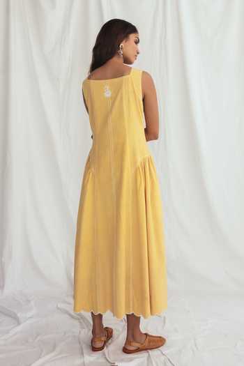 Shop_Jodi_Yellow Corduroy Embroidery Square Neck Aamras Handloom Day Dress _at_Aza_Fashions