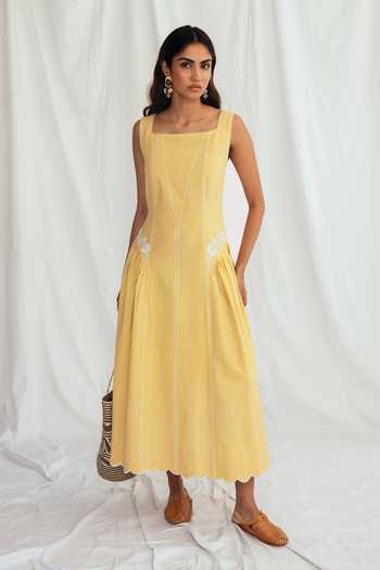 Buy_Jodi_Yellow Corduroy Embroidery Square Neck Aamras Handloom Day Dress _at_Aza_Fashions