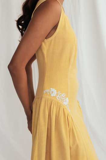Jodi_Yellow Corduroy Embroidery Square Neck Aamras Handloom Day Dress _Online_at_Aza_Fashions