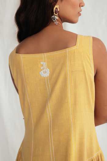Buy_Jodi_Yellow Corduroy Embroidery Square Neck Aamras Handloom Day Dress _Online_at_Aza_Fashions