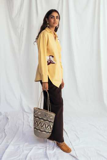 Jodi_Yellow Corduroy Beads, Applique V-neck, Collared Aamras Handloom Wrap Shirt _Online_at_Aza_Fashions