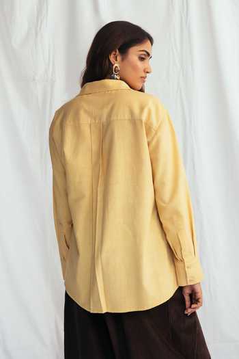 Shop_Jodi_Yellow Corduroy Beads, Applique V-neck, Collared Aamras Handloom Wrap Shirt _at_Aza_Fashions