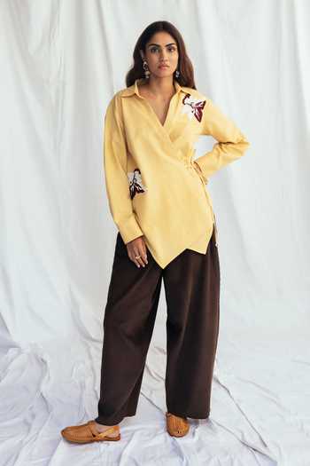 Buy_Jodi_Yellow Corduroy Beads, Applique V-neck, Collared Aamras Handloom Wrap Shirt _Online_at_Aza_Fashions