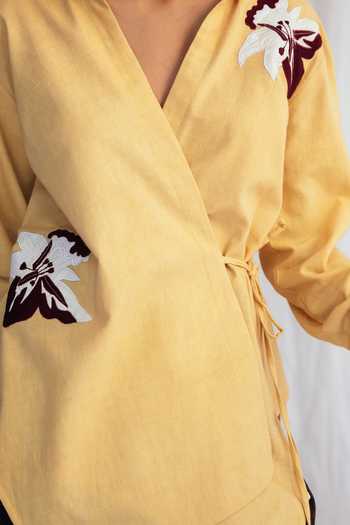Shop_Jodi_Yellow Corduroy Beads, Applique V-neck, Collared Aamras Handloom Wrap Shirt _Online_at_Aza_Fashions