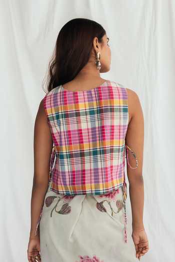 Shop_Jodi_Multi Color Cotton Beads, Applique Round Neck Sherbet Top _at_Aza_Fashions