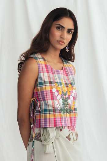 Jodi_Multi Color Cotton Beads, Applique Round Neck Sherbet Top _Online_at_Aza_Fashions