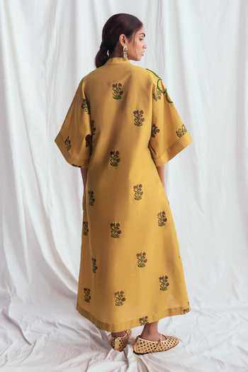 Shop_Jodi_Yellow Cotton Embroidery V-neck Nimbu Floral Dress _at_Aza_Fashions