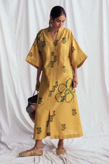 Buy_Jodi_Yellow Cotton Embroidery V-neck Nimbu Floral Dress _at_Aza_Fashions