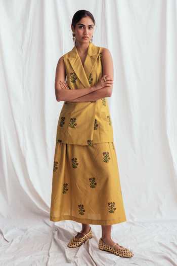 Shop_Jodi_Yellow Cotton Notched Neck Nimbu Floral Print Jacket _Online_at_Aza_Fashions