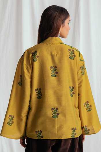 Shop_Jodi_Yellow Cotton Embroidery Collared Nimbu Floral Print Shirt _at_Aza_Fashions