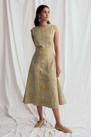 Buy_Jodi_Multi Color Cotton Embroidery, Beads Round Neck Panna Panelled Dress _at_Aza_Fashions