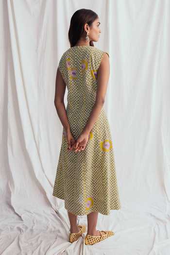 Shop_Jodi_Multi Color Cotton Embroidery, Beads Round Neck Panna Panelled Dress _at_Aza_Fashions