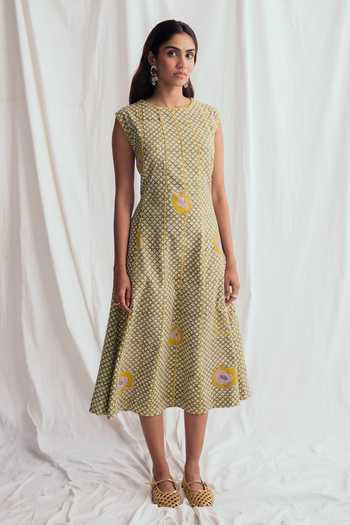 Buy_Jodi_Multi Color Cotton Embroidery, Beads Round Neck Panna Panelled Dress _Online_at_Aza_Fashions