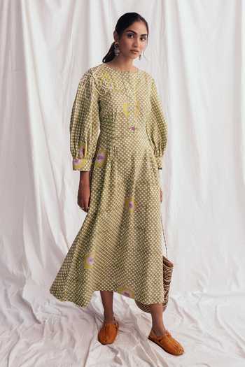 Shop_Jodi_Multi Color Cotton Embroidery Round Neck Panna Printed Dress _Online_at_Aza_Fashions