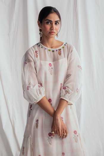 Jodi_Ivory Cotton Beads Round Neck Kulfi Peasant Dress _Online_at_Aza_Fashions
