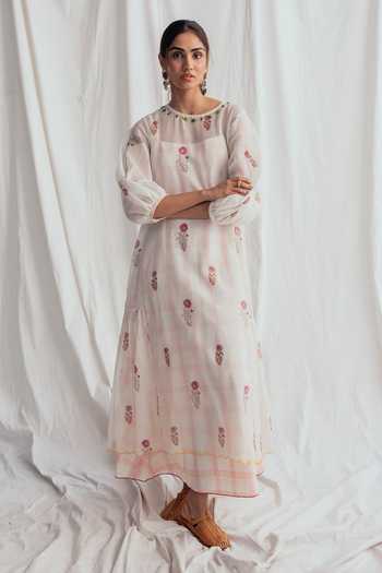 Buy_Jodi_Ivory Cotton Beads Round Neck Kulfi Peasant Dress _Online_at_Aza_Fashions