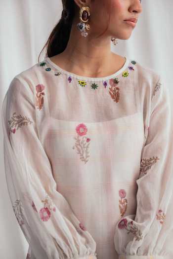 Jodi_Ivory Cotton Beads Round Neck Kulfi Peasant Dress _at_Aza_Fashions