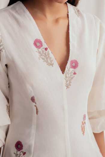 Jodi_Ivory Chanderi Beads V-neck Kulfi Printed Dress _Online_at_Aza_Fashions