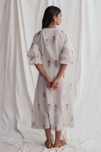 Shop_Jodi_Ivory Chanderi Beads V-neck Kulfi Printed Dress _at_Aza_Fashions