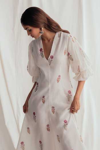 Shop_Jodi_Ivory Chanderi Beads V-neck Kulfi Printed Dress _Online_at_Aza_Fashions