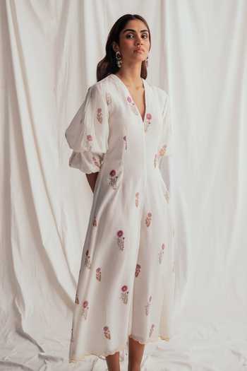 Jodi_Ivory Chanderi Beads V-neck Kulfi Printed Dress _at_Aza_Fashions