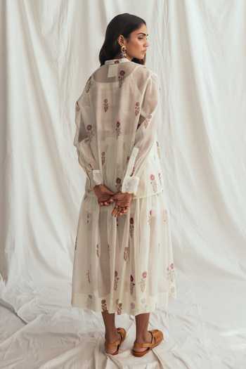 Shop_Jodi_White Chanderi Mandarin Collar Kulfi Scallop Printed Shirt _at_Aza_Fashions