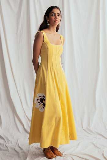 Jodi_Yellow Cotton Applique Square Neck Aamras Handloom Dress _Online_at_Aza_Fashions