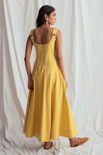 Shop_Jodi_Yellow Cotton Applique Square Neck Aamras Handloom Dress _at_Aza_Fashions