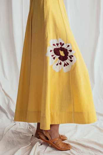 Shop_Jodi_Yellow Cotton Applique Square Neck Aamras Handloom Dress _Online_at_Aza_Fashions
