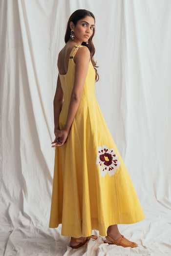 Jodi_Yellow Cotton Applique Square Neck Aamras Handloom Dress _at_Aza_Fashions