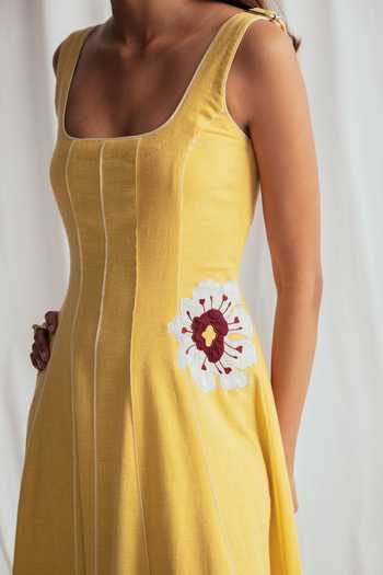 Buy_Jodi_Yellow Cotton Applique Square Neck Aamras Handloom Dress 