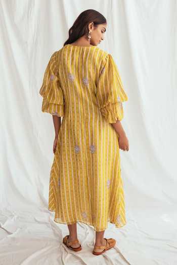Shop_Jodi_Yellow Chanderi Embroidery, Beads V-neck Dhoop Dress _at_Aza_Fashions
