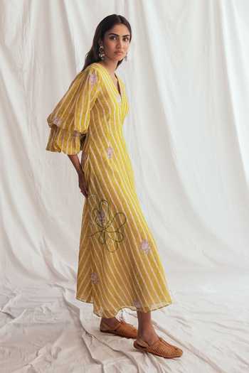 Jodi_Yellow Chanderi Embroidery, Beads V-neck Dhoop Dress _Online_at_Aza_Fashions