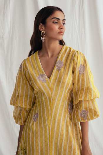 Shop_Jodi_Yellow Chanderi Embroidery, Beads V-neck Dhoop Dress _Online_at_Aza_Fashions