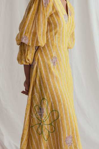 Jodi_Yellow Chanderi Embroidery, Beads V-neck Dhoop Dress _at_Aza_Fashions