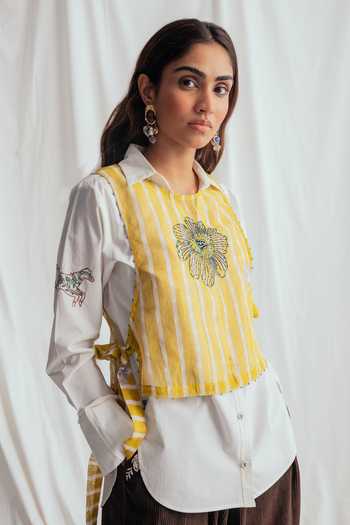 Buy_Jodi_Yellow Chanderi Embroidery, Beads Crew Neck Dhoop Printed Bib Jacket _at_Aza_Fashions
