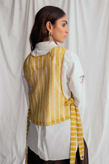 Shop_Jodi_Yellow Chanderi Embroidery, Beads Crew Neck Dhoop Printed Bib Jacket _at_Aza_Fashions