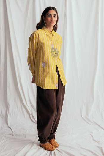Jodi_Yellow Chanderi Embroidery, Beads Collared Dhoop Printed Shirt _Online_at_Aza_Fashions