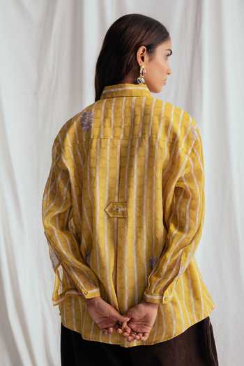 Shop_Jodi_Yellow Chanderi Embroidery, Beads Collared Dhoop Printed Shirt _at_Aza_Fashions