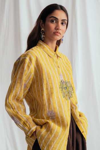 Buy_Jodi_Yellow Chanderi Embroidery, Beads Collared Dhoop Printed Shirt _Online_at_Aza_Fashions