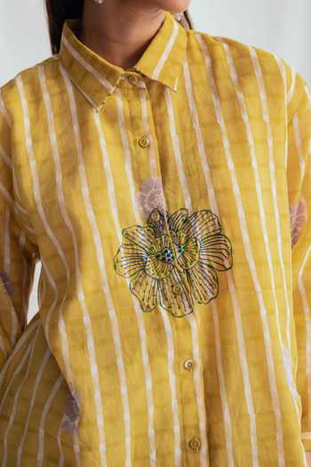 Shop_Jodi_Yellow Chanderi Embroidery, Beads Collared Dhoop Printed Shirt _Online_at_Aza_Fashions