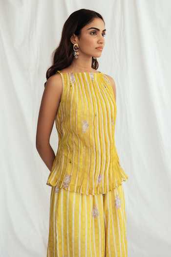 Jodi_Yellow Chanderi Embroidery Boat Neck Dhoop Pleated Top _Online_at_Aza_Fashions