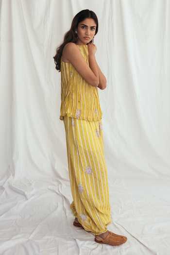 Buy_Jodi_Yellow Chanderi Embroidery Boat Neck Dhoop Pleated Top _Online_at_Aza_Fashions