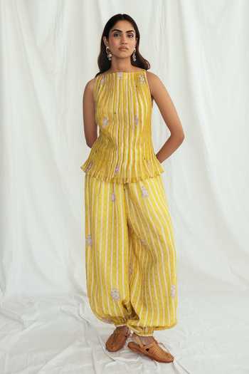 Shop_Jodi_Yellow Chanderi Embroidery Boat Neck Dhoop Pleated Top _Online_at_Aza_Fashions