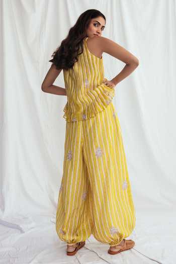 Shop_Jodi_Yellow Chanderi Embroidery Boat Neck Dhoop Pleated Top _at_Aza_Fashions