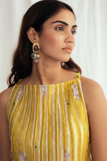 Jodi_Yellow Chanderi Embroidery Boat Neck Dhoop Pleated Top _at_Aza_Fashions
