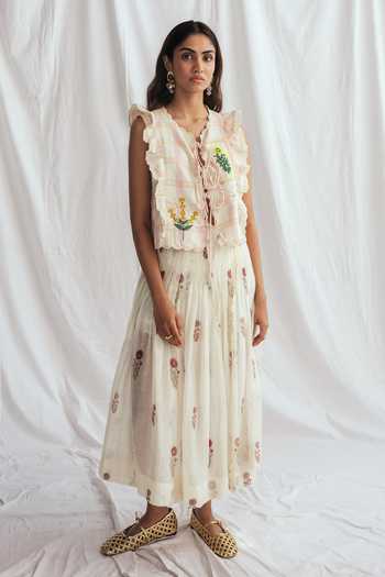 Jodi_Pink Cotton Embroidery, Beads, Applique V-neck Chataai Print Top _Online_at_Aza_Fashions