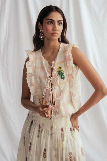 Buy_Jodi_Pink Cotton Embroidery, Beads, Applique V-neck Chataai Print Top _at_Aza_Fashions